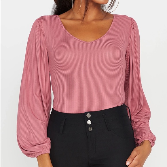 Stradivarius Rose Pink Ribbed V-scoop bodysuit - Picture 1 of 8